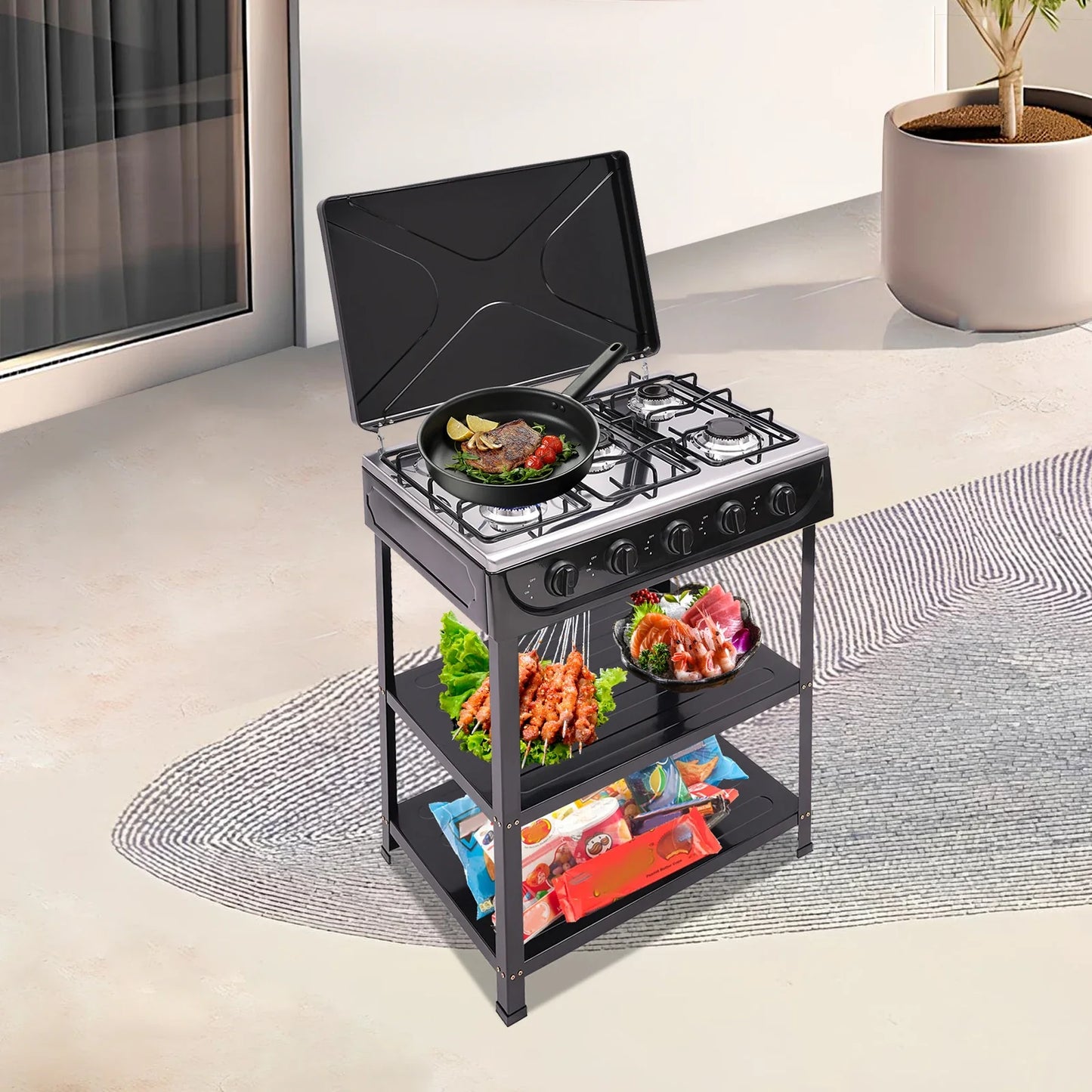 Rectangular Natural Gas Stove, 82cm/32.28in Portable Natural Gas Stove W|5 Burners for Outdoor Camping, Fishing,RV Travel(Black)