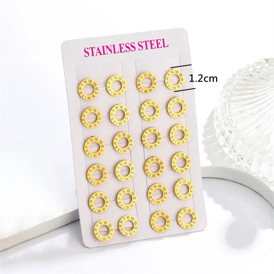 12 Pairs Pack Stainless Steel Round Shape Cubic Zircon Roman Numeral