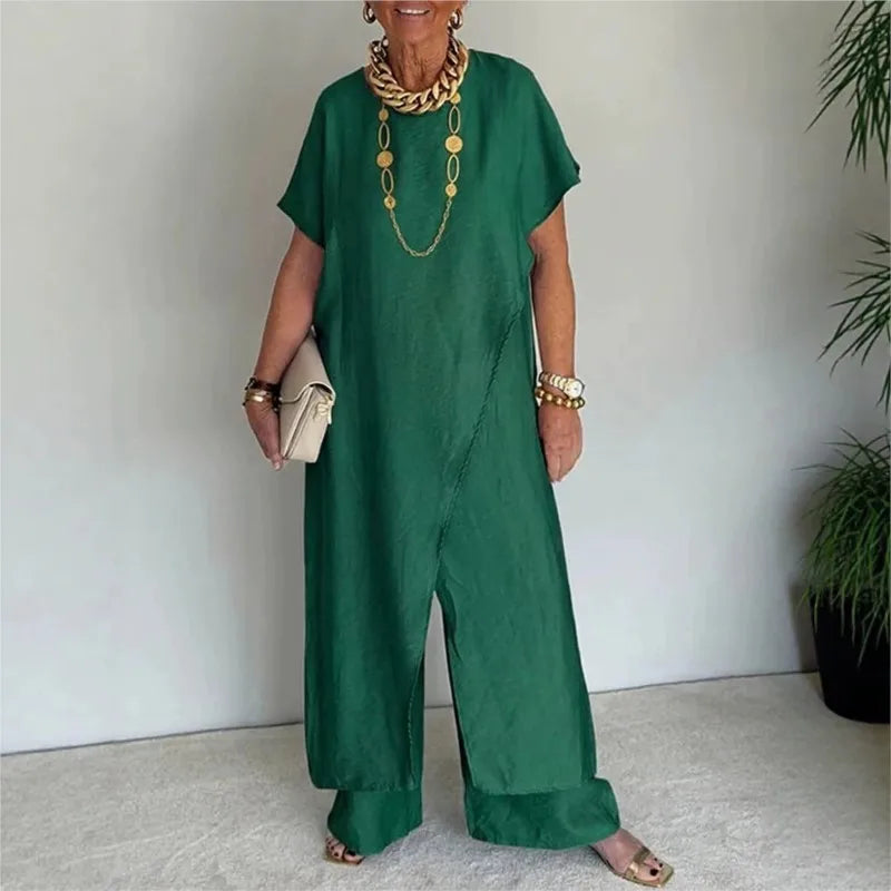Loose Irregular 2 Piece Set for Women Short Sleeve Round Neck Long Top + Wide Leg Pants Casual Outdoor Commuting Versatile Suit