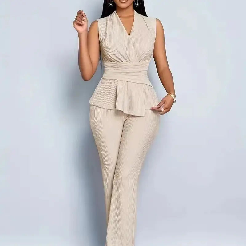 Women's Elegant 2 Piece Outfits Sleeveless V Neck Pleated Peplum Top And Straight Leg Pants Set Casual Office Workwear Matching