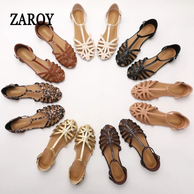 ZAROY Women's Sandals Summer Casual Footwear T-tied Cross Strap Flat Sandals Weave Hollow Roman Sandalia Zapatos сандали