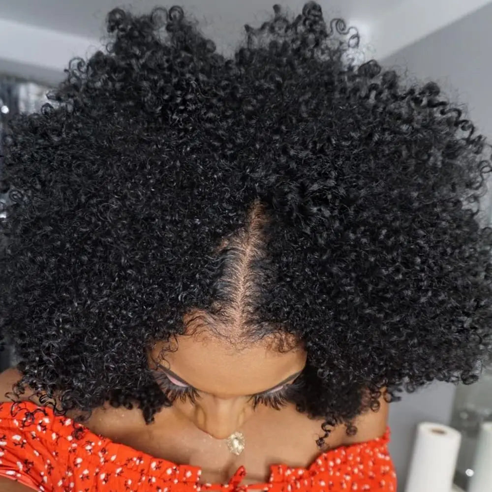 Peluca de cabello humano rizado afro de densidad 200% para mujeres afroamericanas, peluca en V, fácil de instalar, cosida a máquina
