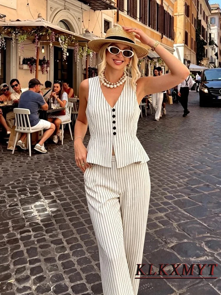 Women Fashion Stripe Sets Sexy Sleeveless Button Fold Hem Top+Wide-Leg Pants Summer Autumn Vacation Leisure New 2 Pieces