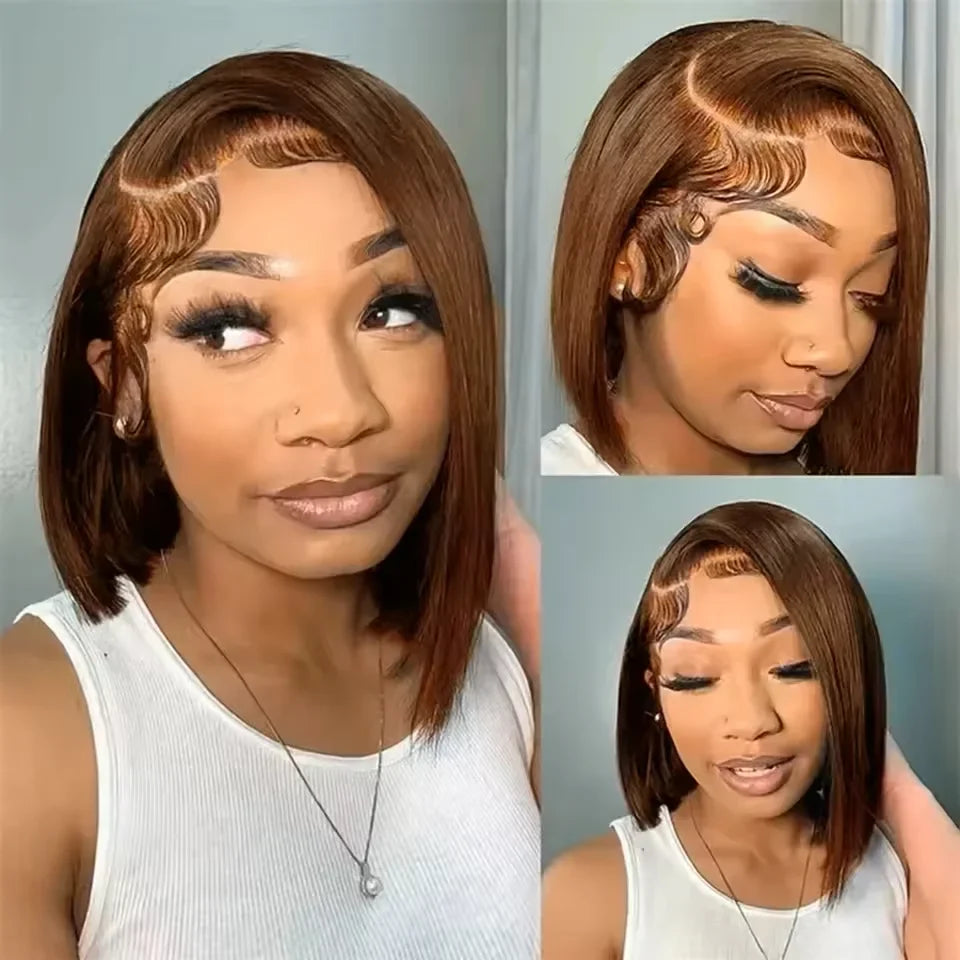 16Inch Chocolate Brown Straight Bob Wig 13X4 Lace Frontal Wig Natural Hairline Lace Front  Short Wig Human Hair 100% Pre Plucked