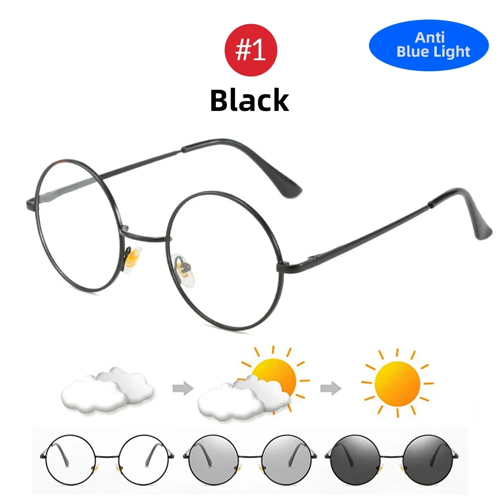 VIVIBEE Photochromic Mens Blue Light Blocking Glasses Retro UV400 Anti Glare Round Color Changing Sunglasses Computer Shades