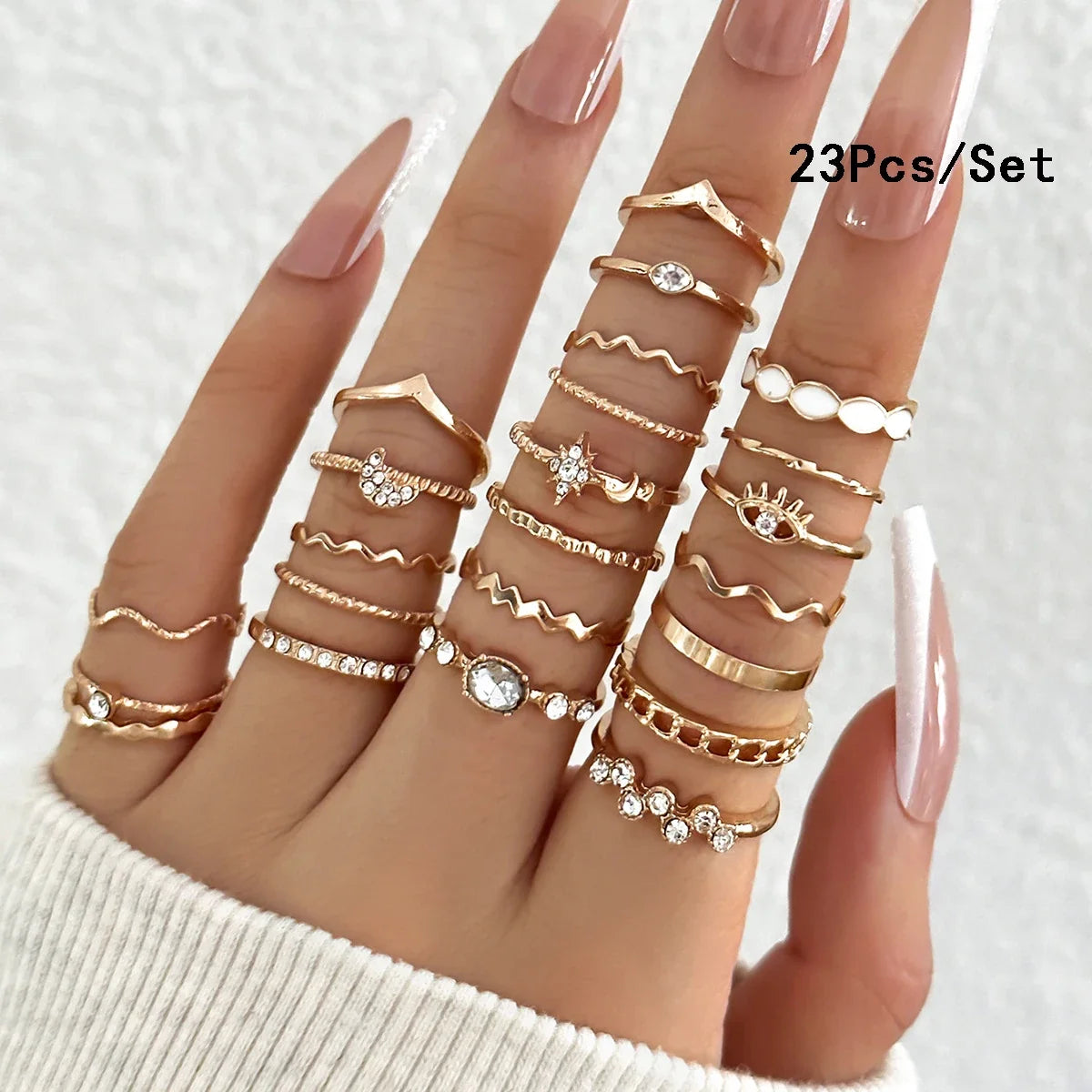 23pcs Fashion Knuckle Rings Set for Women Crystal Star Moon Eye Wave
