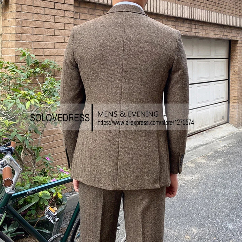 3 Pieces Men's Suits Tweed Herringbone Slim Fit Business Cauasl