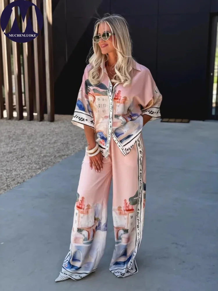 Women's Summer 2-Piece Set Elegant Printed Top & Casual Loose Wide Leg Pants Ensemble with Half Sleeve Fashionable