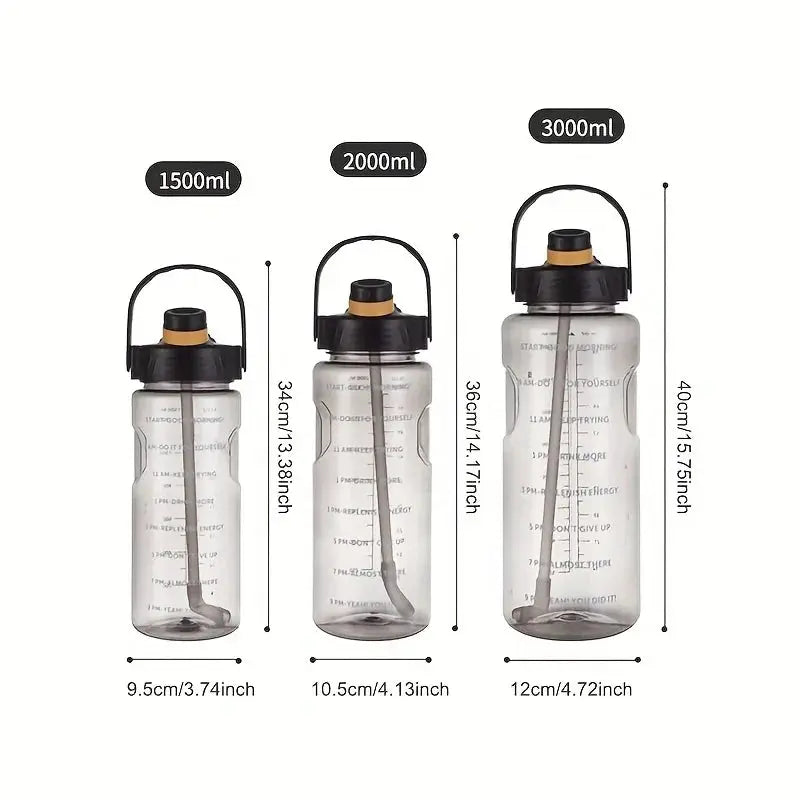 Sports Water Bottle   1.5L/2L/3L Leakproof  with Straw & Time Marker