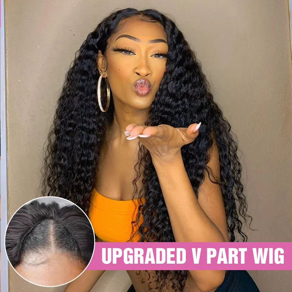 Peluca de parte V 250% de cabello humano sin mechones, actualización de peluca en forma de U hecha a máquina, rizada con ondas profundas, pelucas de cabello humano para mujeres, 100% de alta densidad.