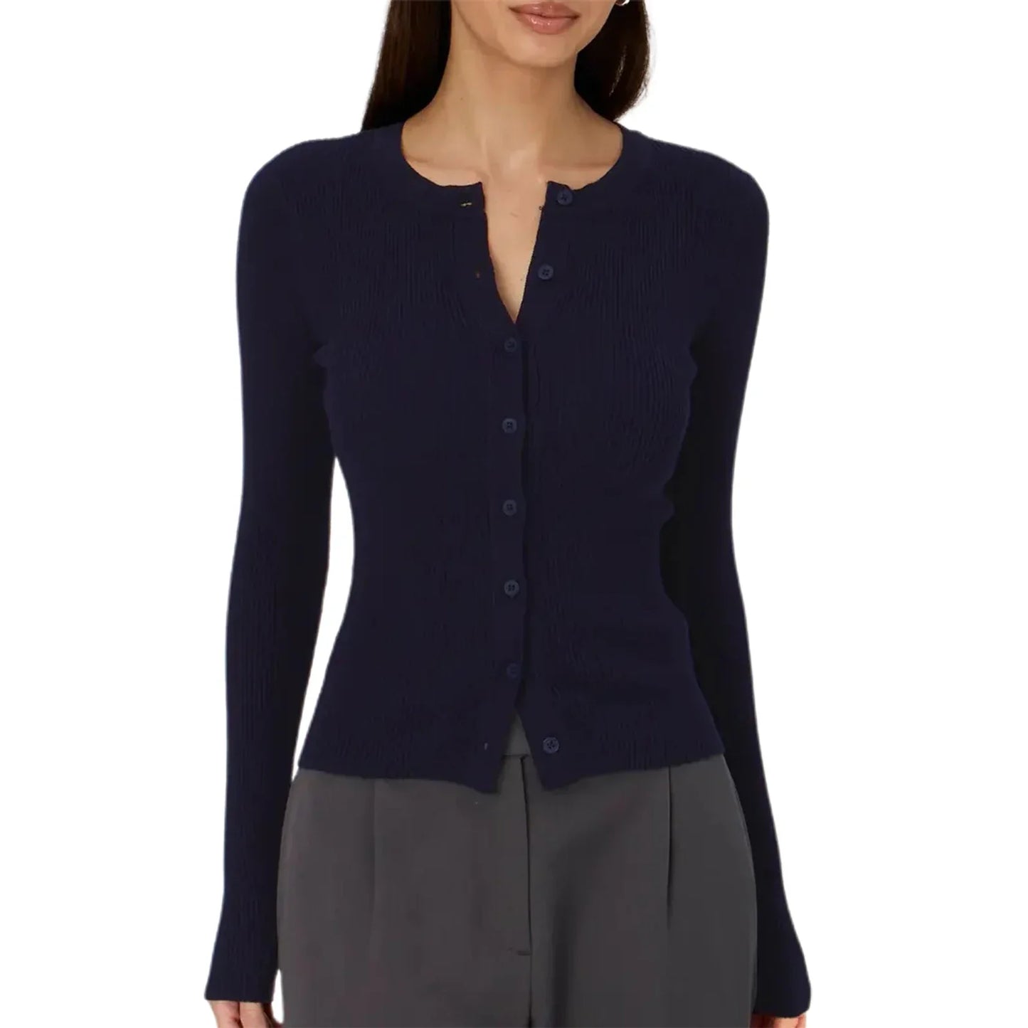 Autumn Winter Sweater Cardigan Women Solid Color Long Sleeve Round Neck Button Up Ribbed Knitwear Slim Coat