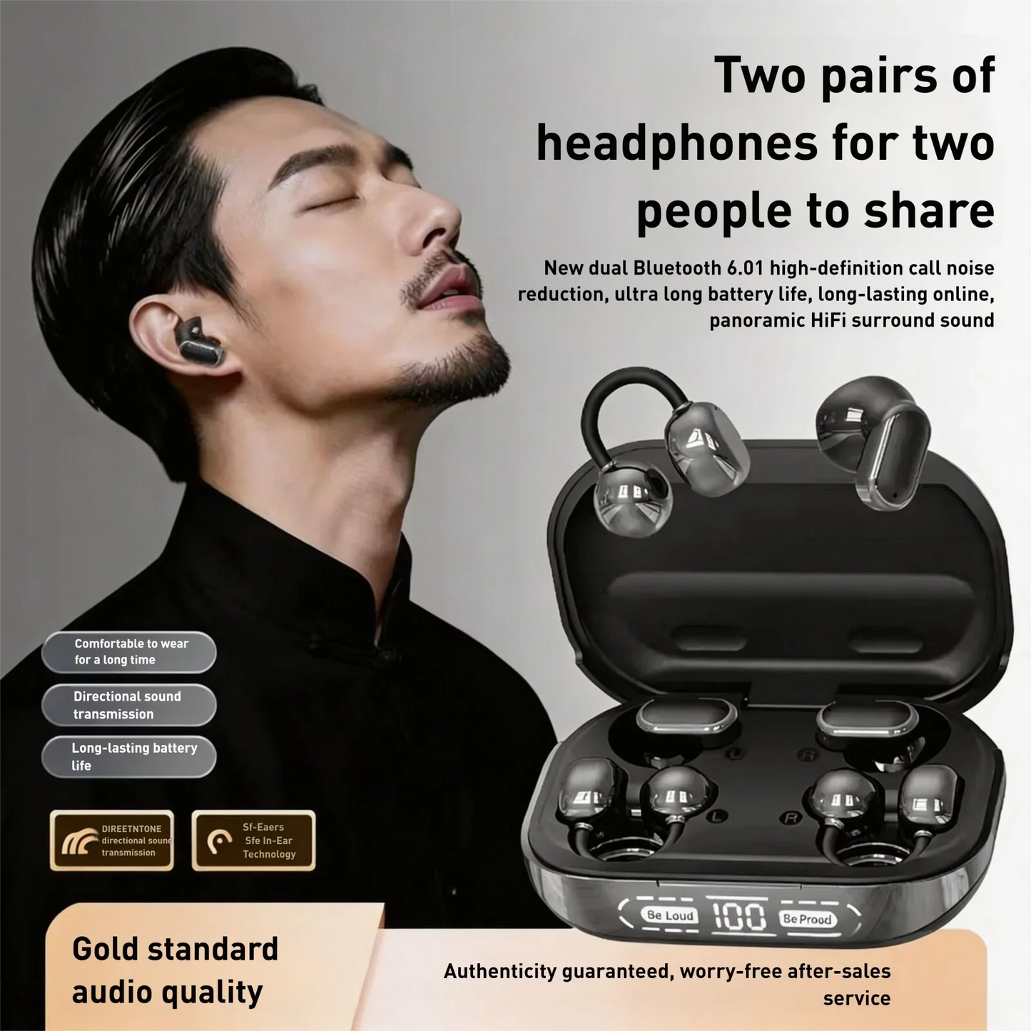 2026 New Bluetooth 6.0 Ear-Clip Headphones 4 Earbuds In-Ear & Open Ear Design 2.6g Ultra-Light Audífonos with AI Noise Reduction