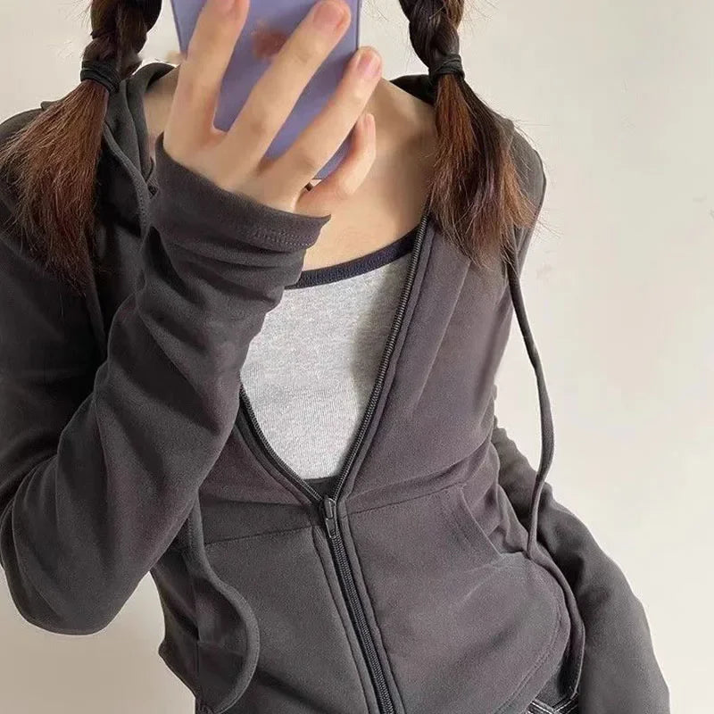 Sudadera con capucha corta Lucyever Y2K de corte ajustado y cremallera