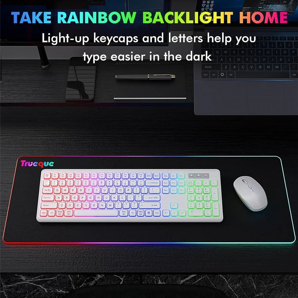 USB Wireless Keyboard and Mouse Set RGB Backlit Rechargeable Light Up Letters Full-Size Wireless Keyboard for Computer