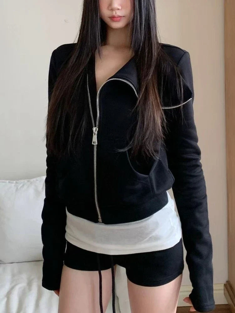 American Vintage Hooded Long Sleeve Jacket Women Autumn Winter Casual Slim Cardigan Top Harajuku Solid Y2k Zipper Clothes 2025