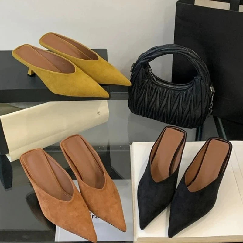 Summer Fashion Thin Mid Heels Women Slippers Elegant Pointed Toe Party Dress Mule Slides Shoes Zapatos Mujer