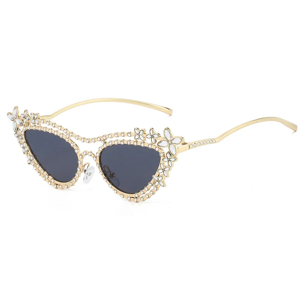Ins New Luxury Double Beam Cat Eye Women Sunglasses Y2K Personality Flower Diamond Design Trend Men Casual Gafas De Sol UV400