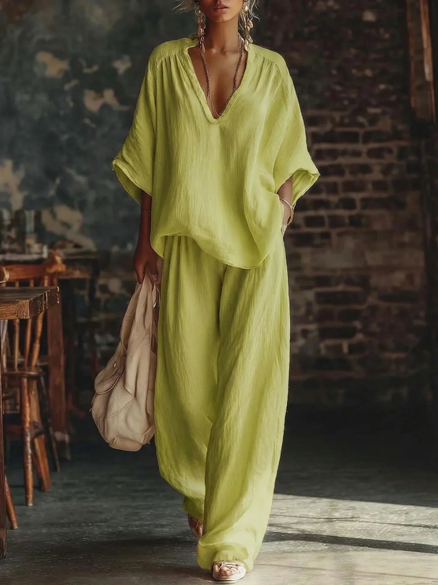 Fashion V Neck Short Sleeve Top Suit Women's Set Spring Summer Loose Blouse Top Wide Leg Trousers Female Vacation 2 Piece Set