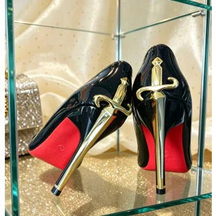 2026 New Red Sole High Heels Women's Thin Heel Pointed Toe Metal Sword Sexy Lady Black Painted Leather Single Shoes