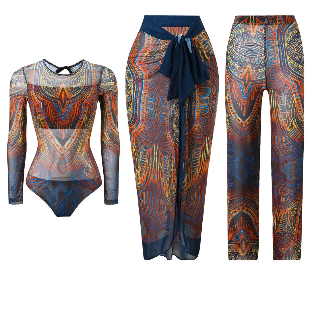 S - XXL 3PCS New Printed Long Sleeve With Pants Sarong Women Swimwear One Piece Swimsuit Female Bather Bathing Suit Swim V7180