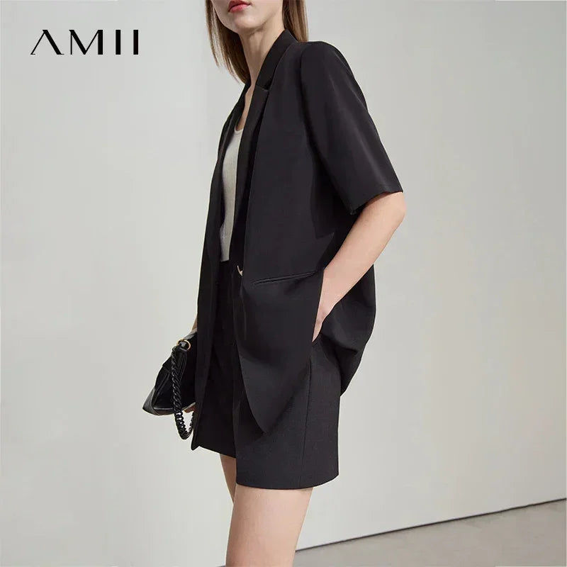 Amii Women's Top Minimalist 2025 Summer New Notched Lapel Contrast Material Patchwork One Button Short Sleeve Blazer 12542081