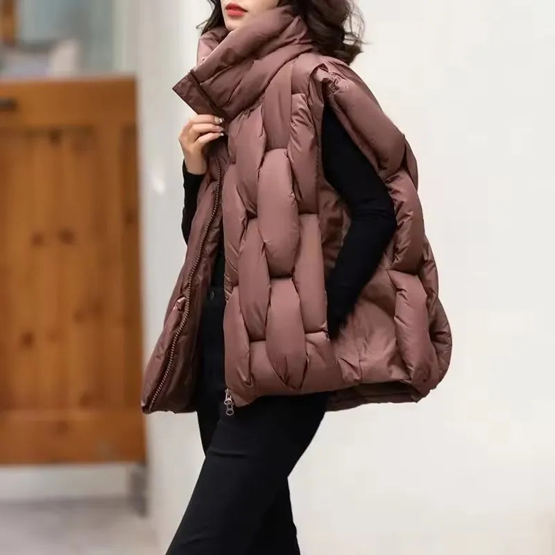 Women Thick Cotton Vest Women Square Weave High Collar Warm Waistcoat Casual  Warm Puffer Bubble Sleeveless Jacket