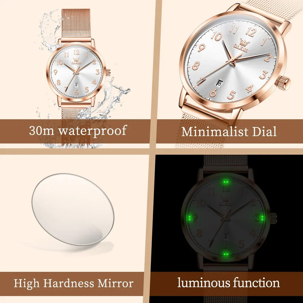 OLEVS 5653 Woman Watches Elegant Original Quartz Watch Waterproof Arabic Numerals Mesh Belt Date Ladies Watch Set Bracelet Watch