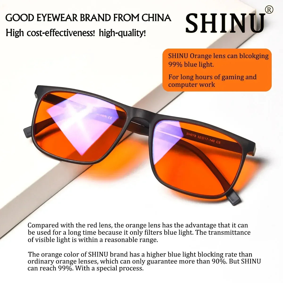 SHINU Good Sleep Blue Light Blocking Glasses Men Red Lenses Anti Green Light Eliminate Eye Strain Glasses Bluelight 078RD