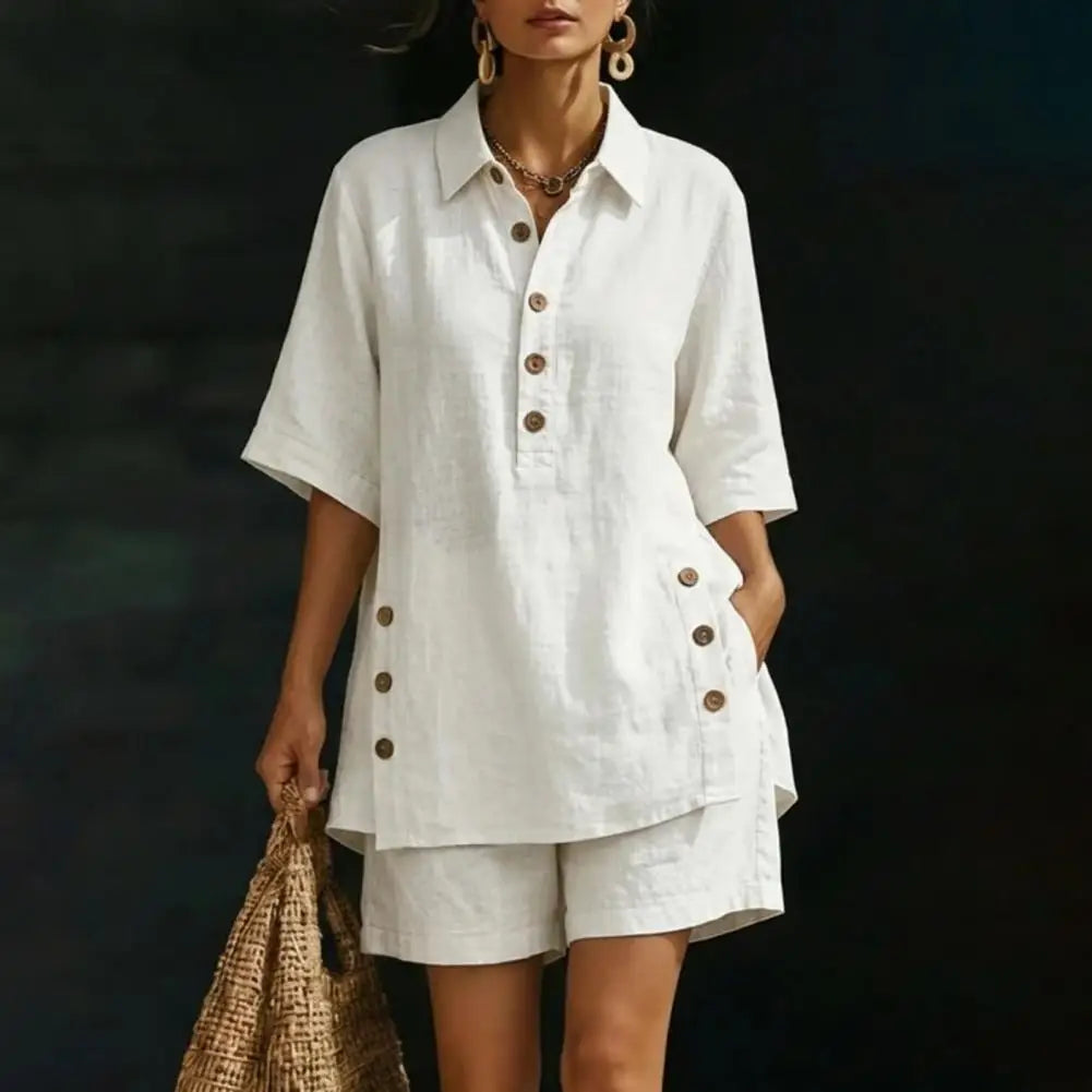 Cotton Linen Set for Women Button Short Sleeve Shirt And Wide Leg Shorts 2 Piece Outfit Summer Casual Beach Lounge Sets