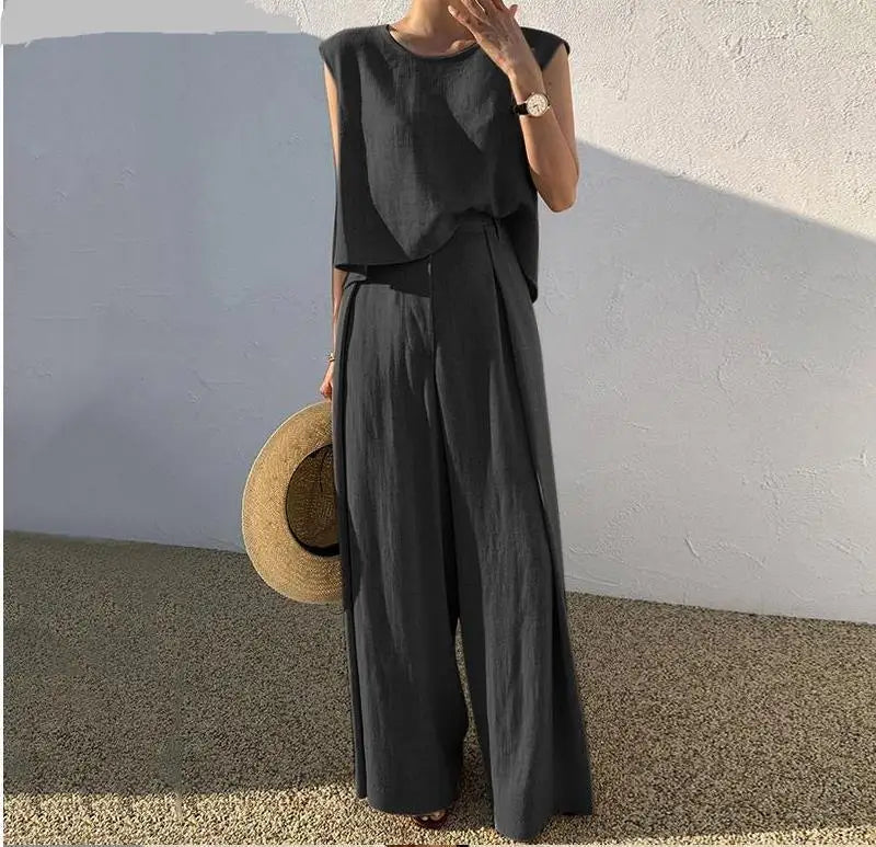 Lady Casual Loose 2 Piece Sets Fashion O-Neck Sleeveless Pullover Tops+wide Leg Pants Two Piece Sets For Women Summer Office New