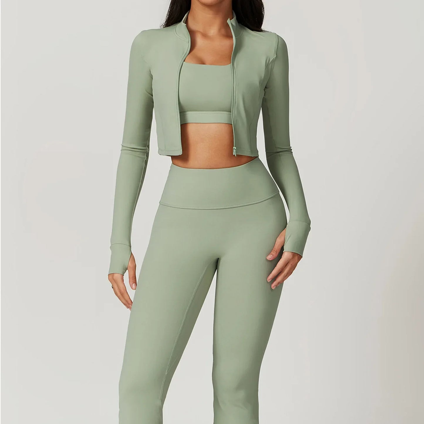 Conjunto Deportivo de 3 Piezas para Entrenar: Sujetador Deportivo, Leggings de Gimnasio de Tiro Alto y Manga Larga