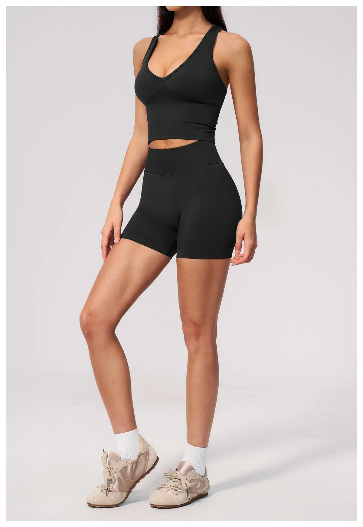 Seamless Yoga Sets Women Breathable V Neck Shockproof Sports Vest Fitness Suit Outwear High Waist Shorts Training Fitness Suit
