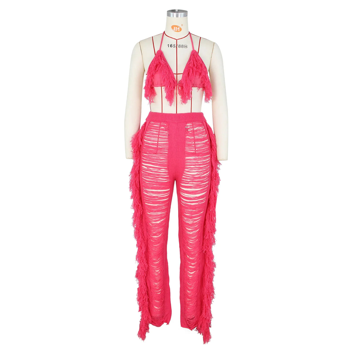 DEKAWomen Tassel Pants Knitted Bra Top Bikini Set Swimsuit Handemade Crochet Bikini Cover Up Tassel Beach Long Wrap Pant