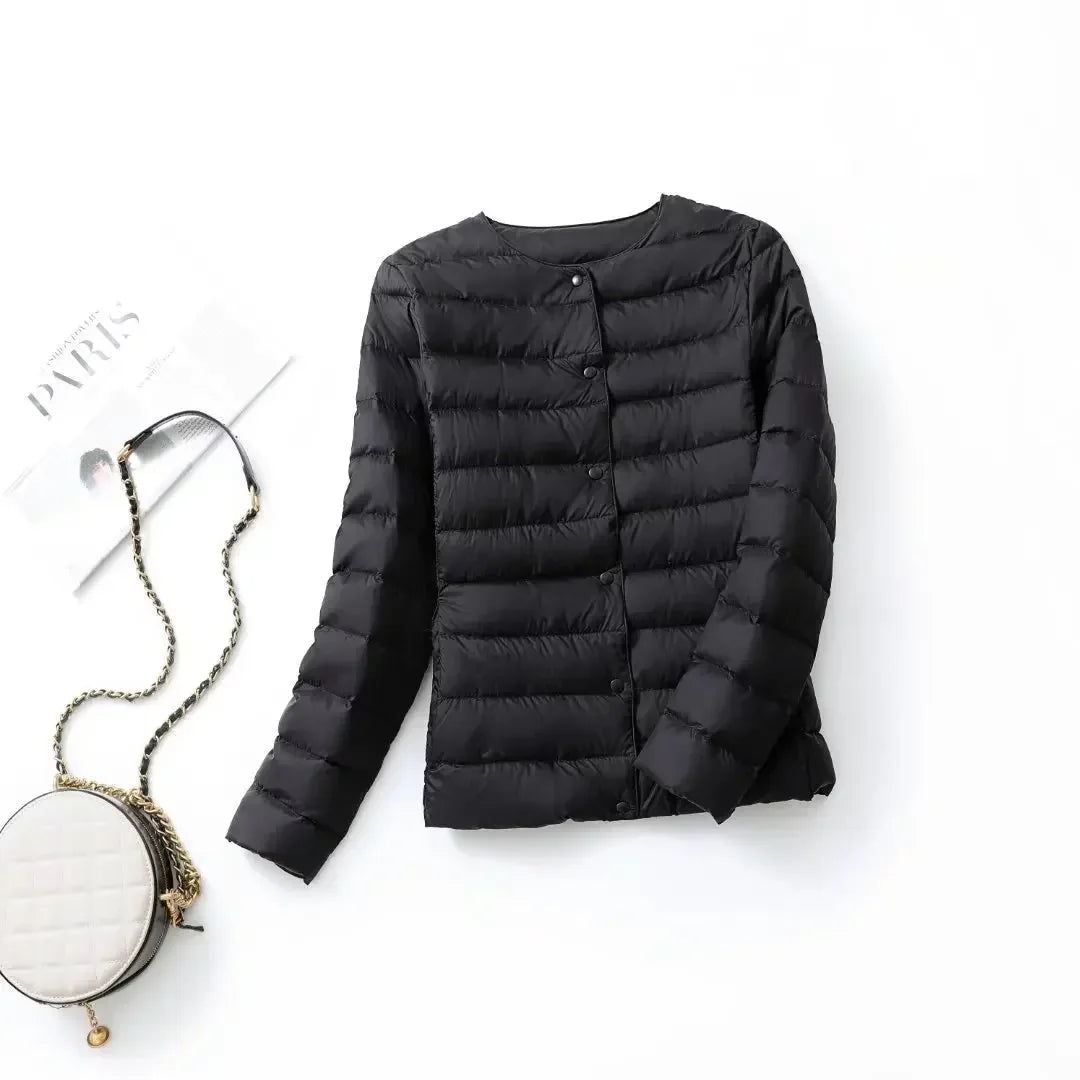 New Female Light Down Coat Women Liner Duck Down Jacket O-neck Variable V-neck 2024 Fall Collarless Light Quilted Puffer Coat