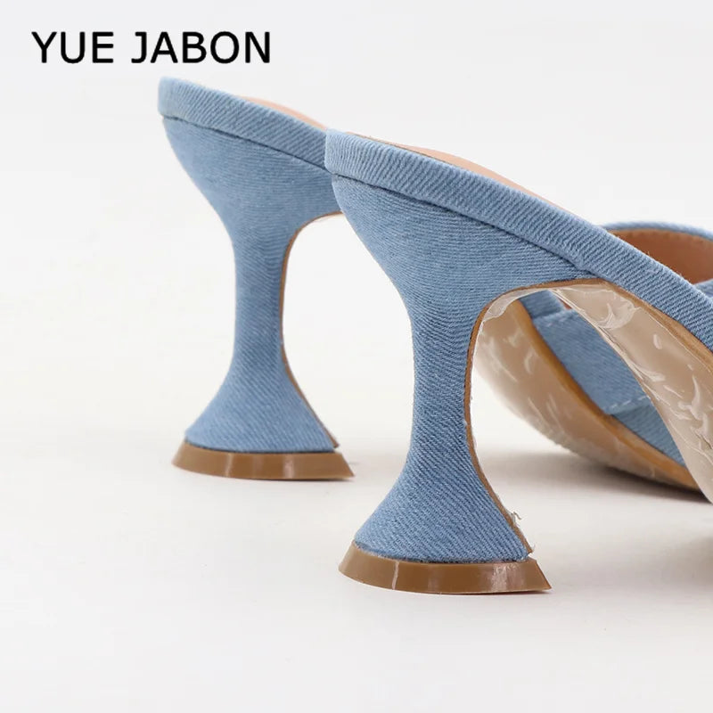 Blue Women's Shoes 2026 Fashion Summer Women's Slippers Square Toe Solid Color Denim Slip On Chunky Heels Casual Shoes Women