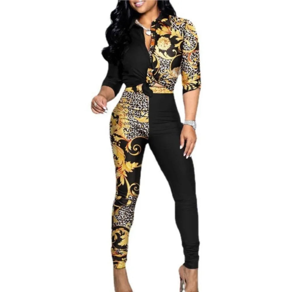 Women's Spring Summer New Set Fashion Color Blocked Printed Long Sleeve Collar Single Breasted Shirt Casual Pants Two Piece Set