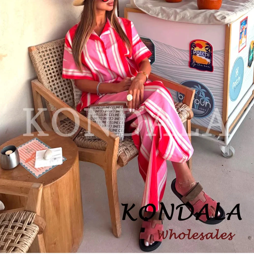 KONDALA Chic Women Striped Casual Suit Single Breasted Straight Shirt+Elastic Waist Long Pants Fashion 2026 Elegant Mujer Suit
