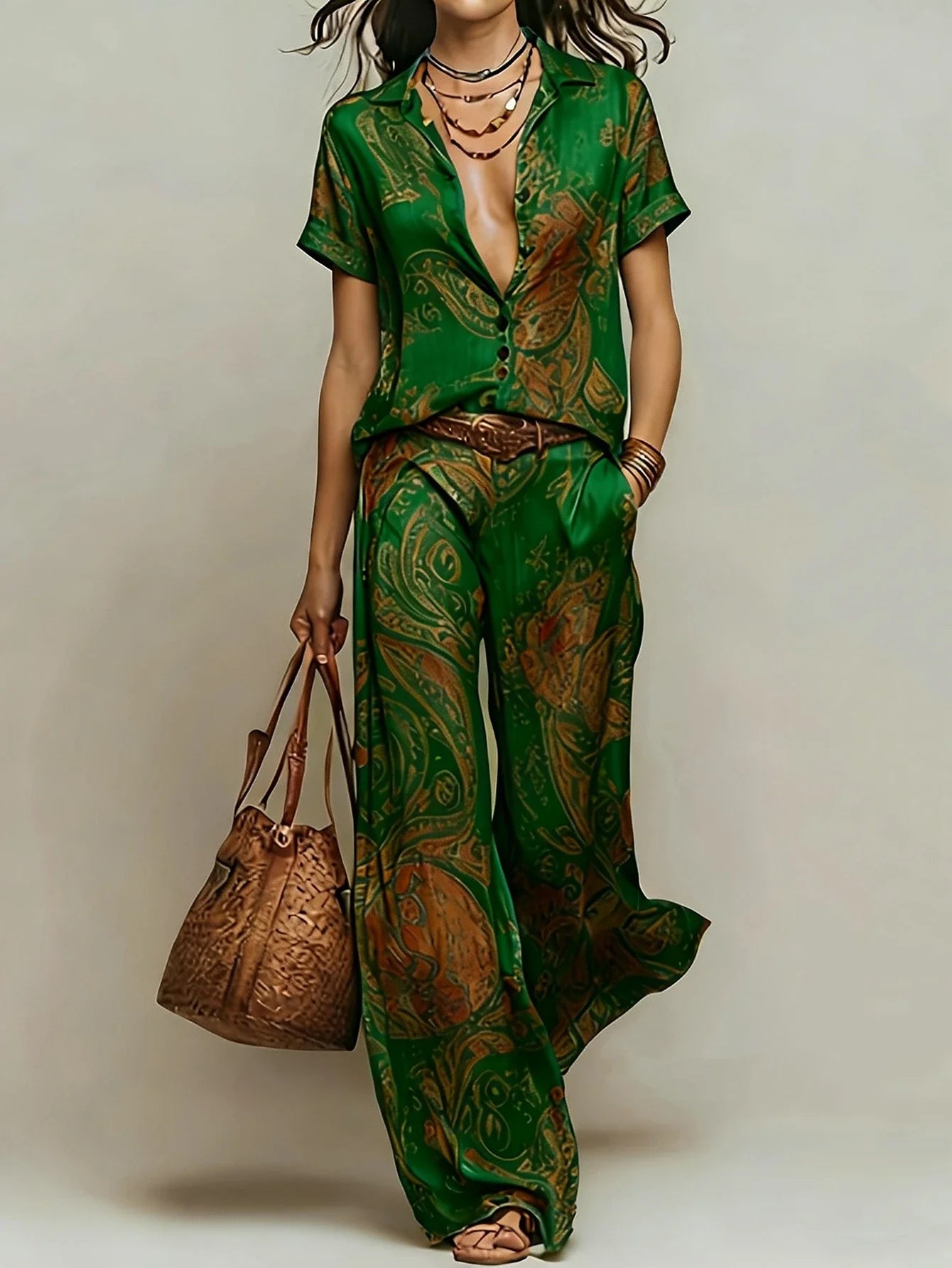 Women's Boho Paisley Print Two-Piece Set V-Neck Short Sleeve Blouse Top Wide Leg Pants Casual Loose Suit for Vacation