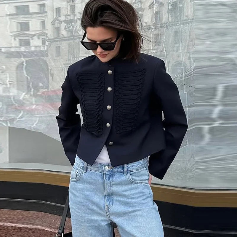 Chic Women's Cropped Jacket Stand Collar Single Breasted Long Sleeve Female Coat 2026 Spring Slim Fashion Solid Lady Outwear