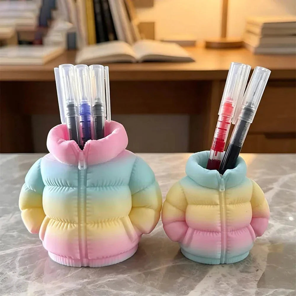 Down Jacket-Shaped Pen Holder Desktop Organizer for Stationery Makeup Brushes Home Office Shelf Decor, for Shool Gift