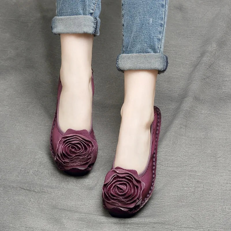 GKTINOO Retro Women Shoes Loafers Big Flower Soft Soles Casual Low Heel Luxury Shoes Flats Elegant Genuine Leather Ladies Shoes