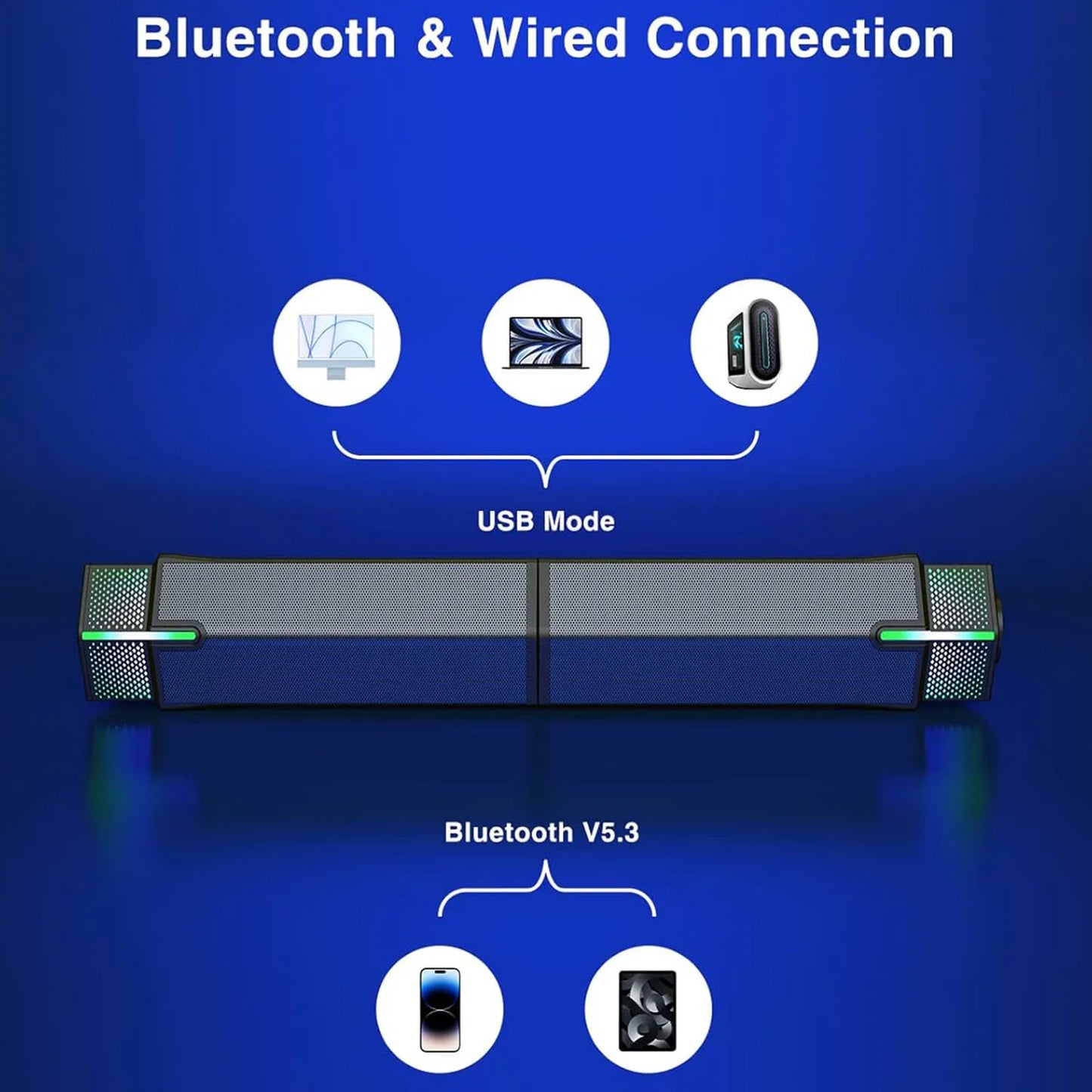 Bluetooth Computer Speakers for PC Desktop Monitor, Gaming PC Sound Bar-Wired USB-Powered,Superb Stereo Sound,with LED Lighting