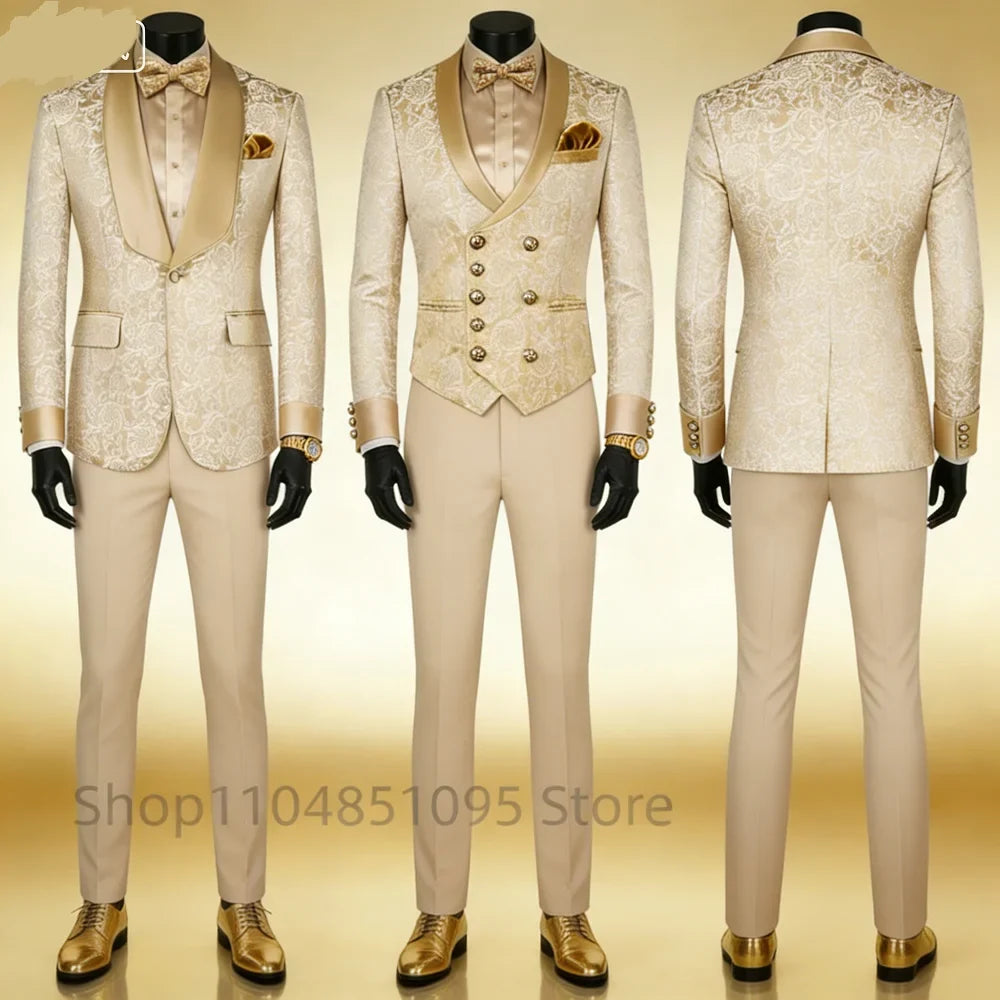 Champagne Jacquard 3-Piece Men's Formal Smoking Suit with Shaw Lapel