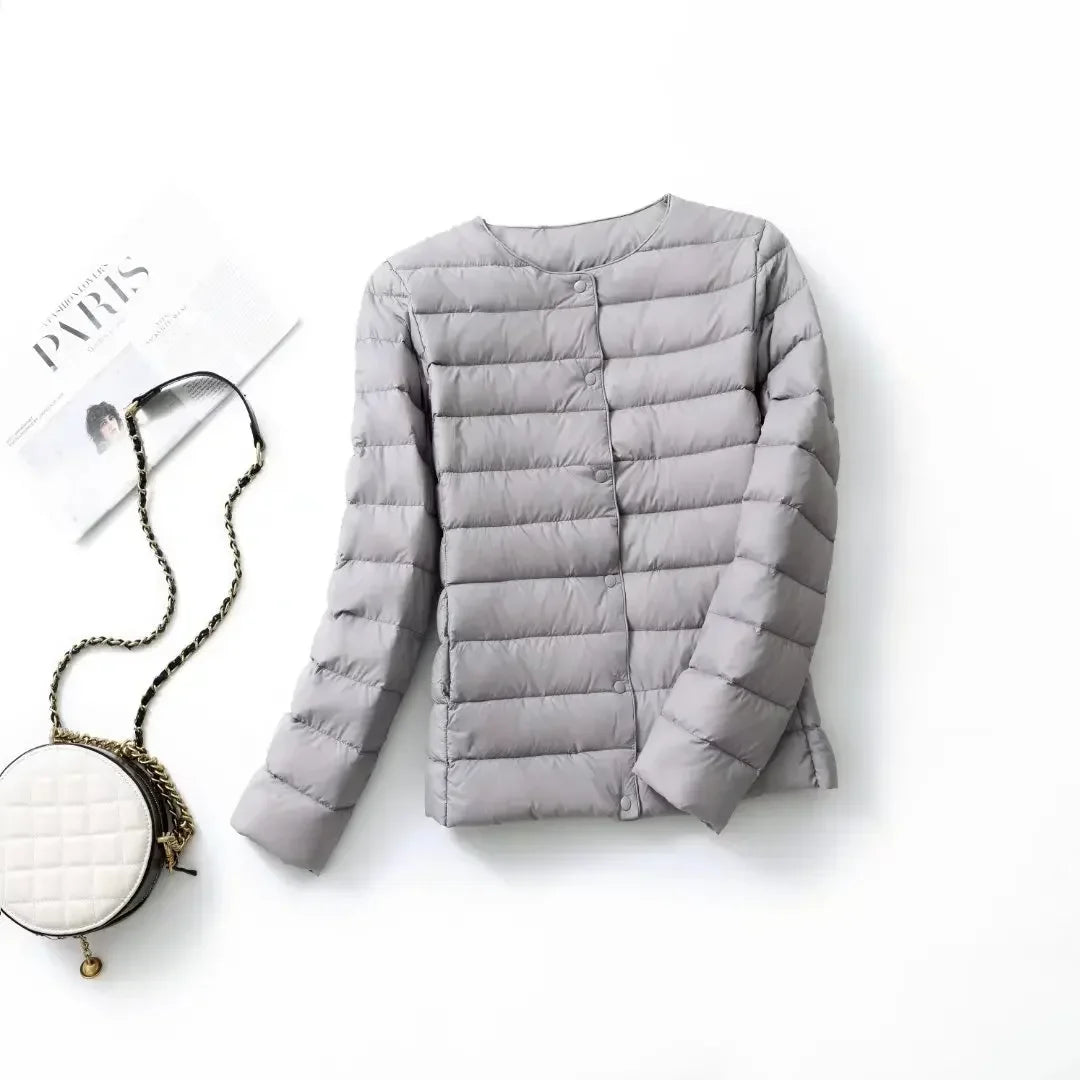 New Female Light Down Coat Women Liner Duck Down Jacket O-neck Variable V-neck 2024 Fall Collarless Light Quilted Puffer Coat