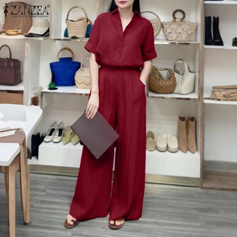Summer Women's Casual Pant Suits Wide Leg Pant & Half Sleeve Shirt 2 Piece Sets ZANZEA Solid Color Commuting Day Wear Pant Sets