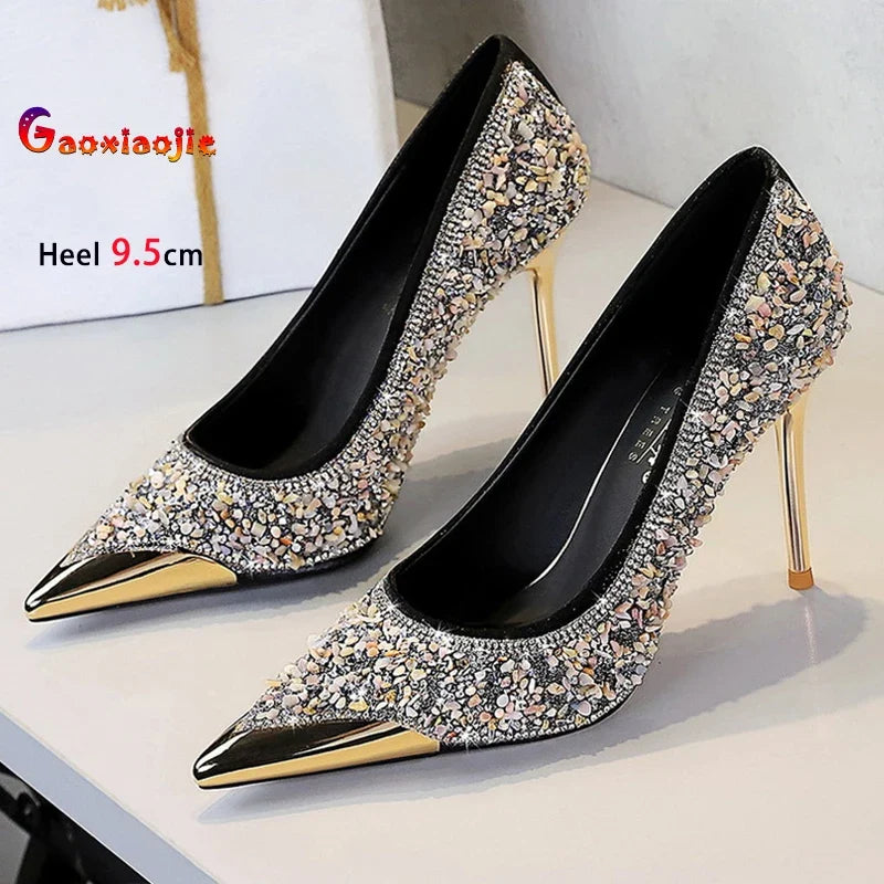 Shiny Crystal Apricot High Heels 9.5cm Women's Shoes Thin Heels Metal Pointed Ladies Pumps Shallow Slip On Stiletto Party Shoes
