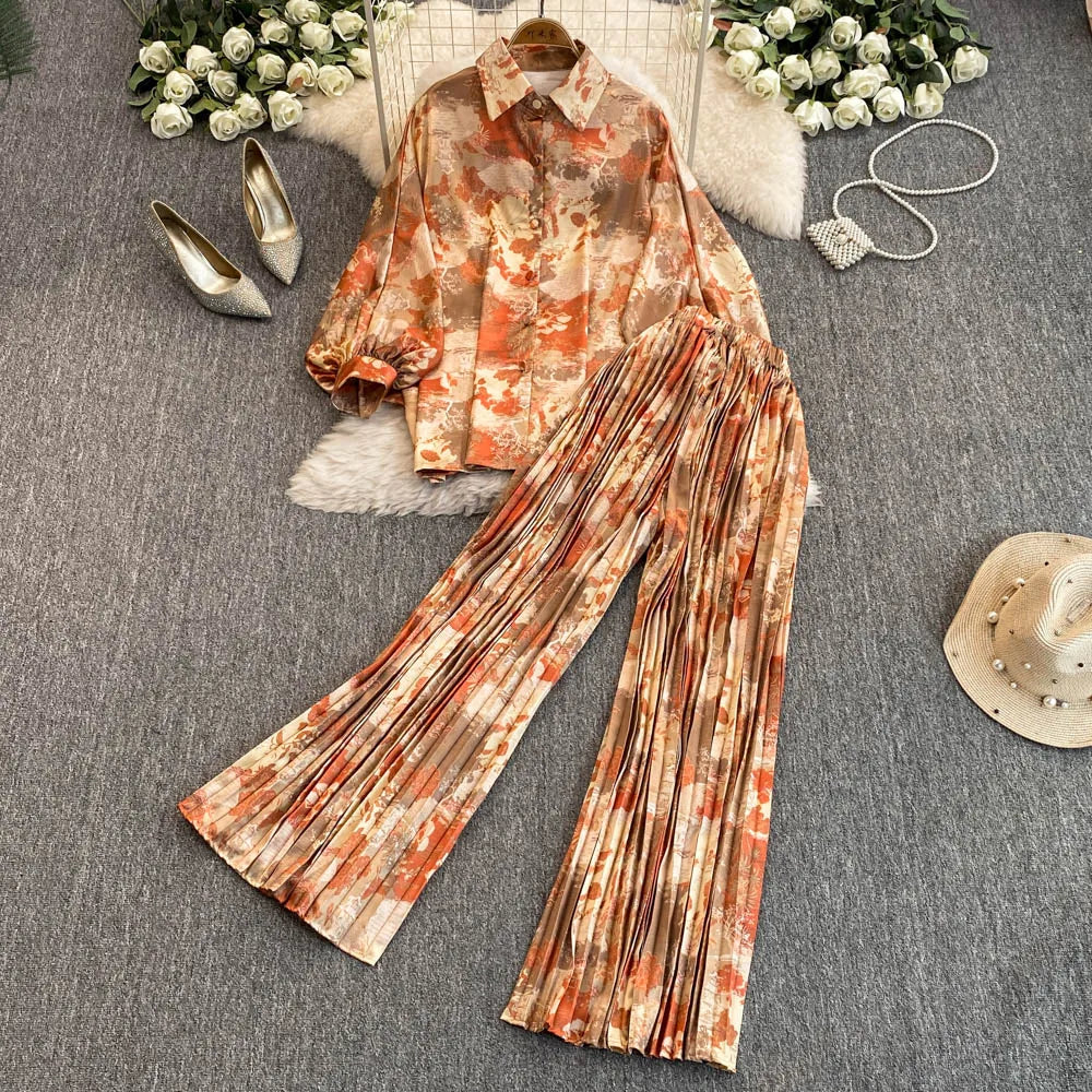 Elegant For Women's Fashion Sets Casual Long Sleeve Shirt Straight Pants Suit Female 2024 Loose Print Tops Two Pieces Outfits