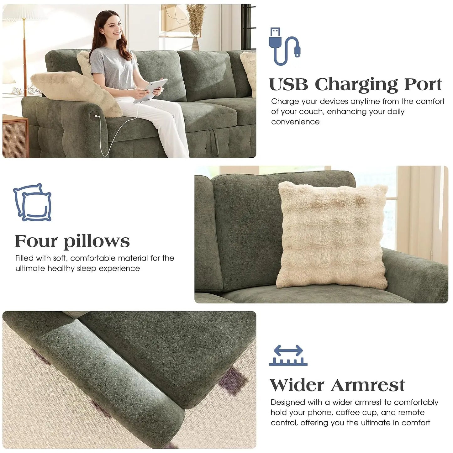 L-Shaped Sectional Sofa Bed with Storage, 5-Seater Convertible Pull Out Sleeper Sofa with USB Charging Ports, 4, Customized