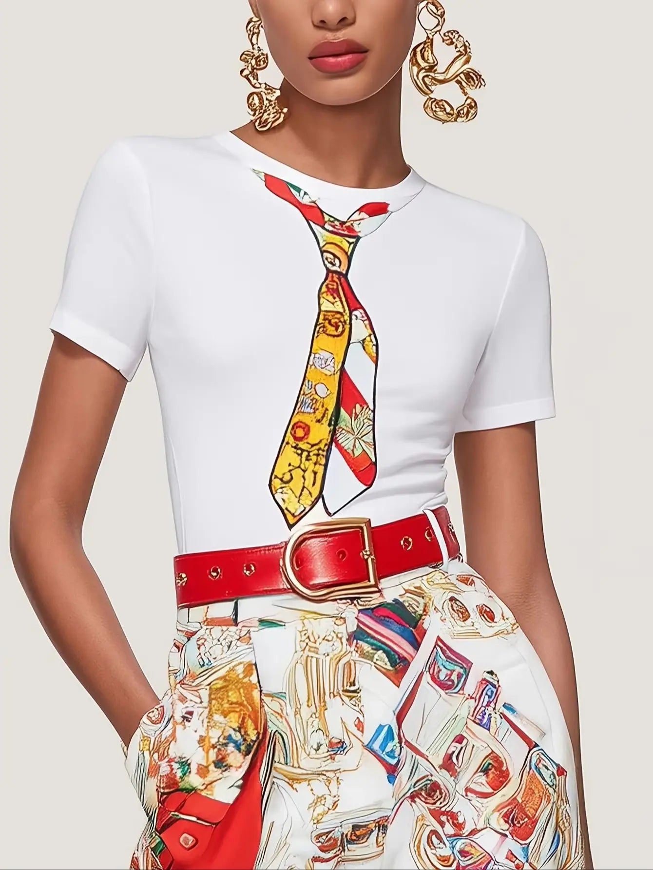 Spring Urban Patterns Printing Trousers Suit Women Round-neck Short Sleeve Tops+high Waist Straight Pants Autumn Two Piece Set