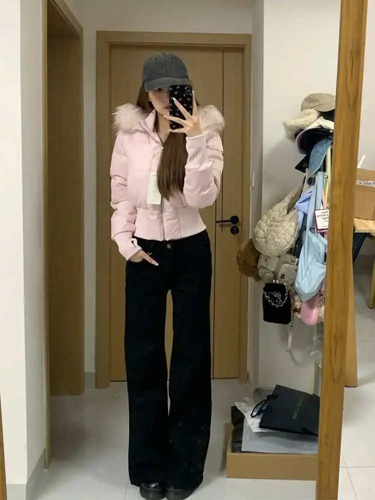 Autumn Winter Fur Collar Hooded Cropped Puffer Jacket Women's Warm Cotton Padded Jacket Short Top Windproof Coat Y2K High Waist